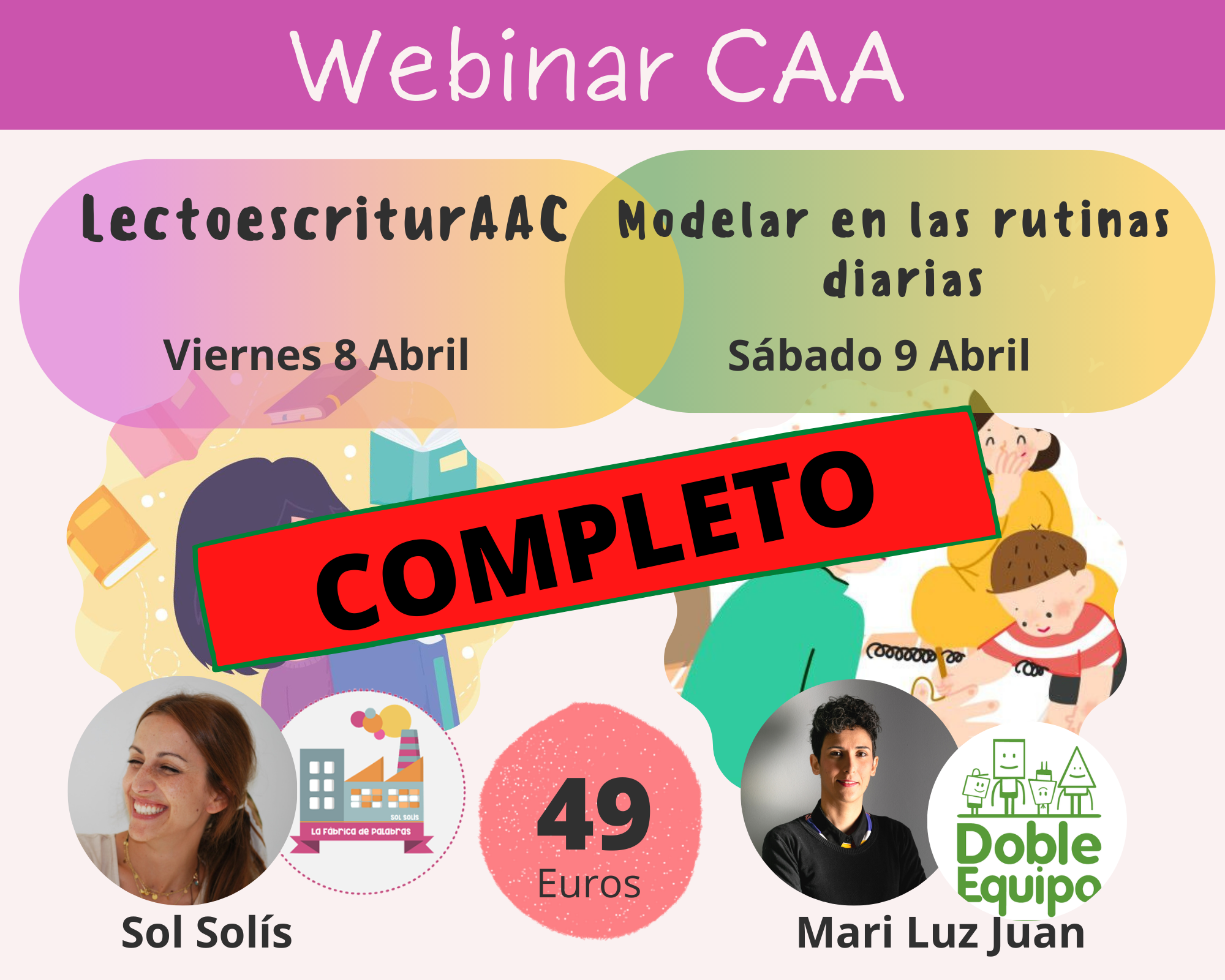 cartel del webinar Comunicación Aumentativa y Alternativa: La Fábrica de Palabras y Doble Equipo completo