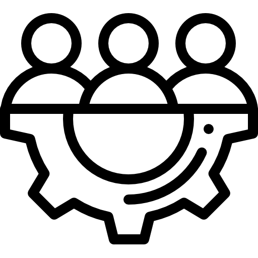 icono en blanco y negro con tres personas sobre medio engranaje dentado. Representa conectar