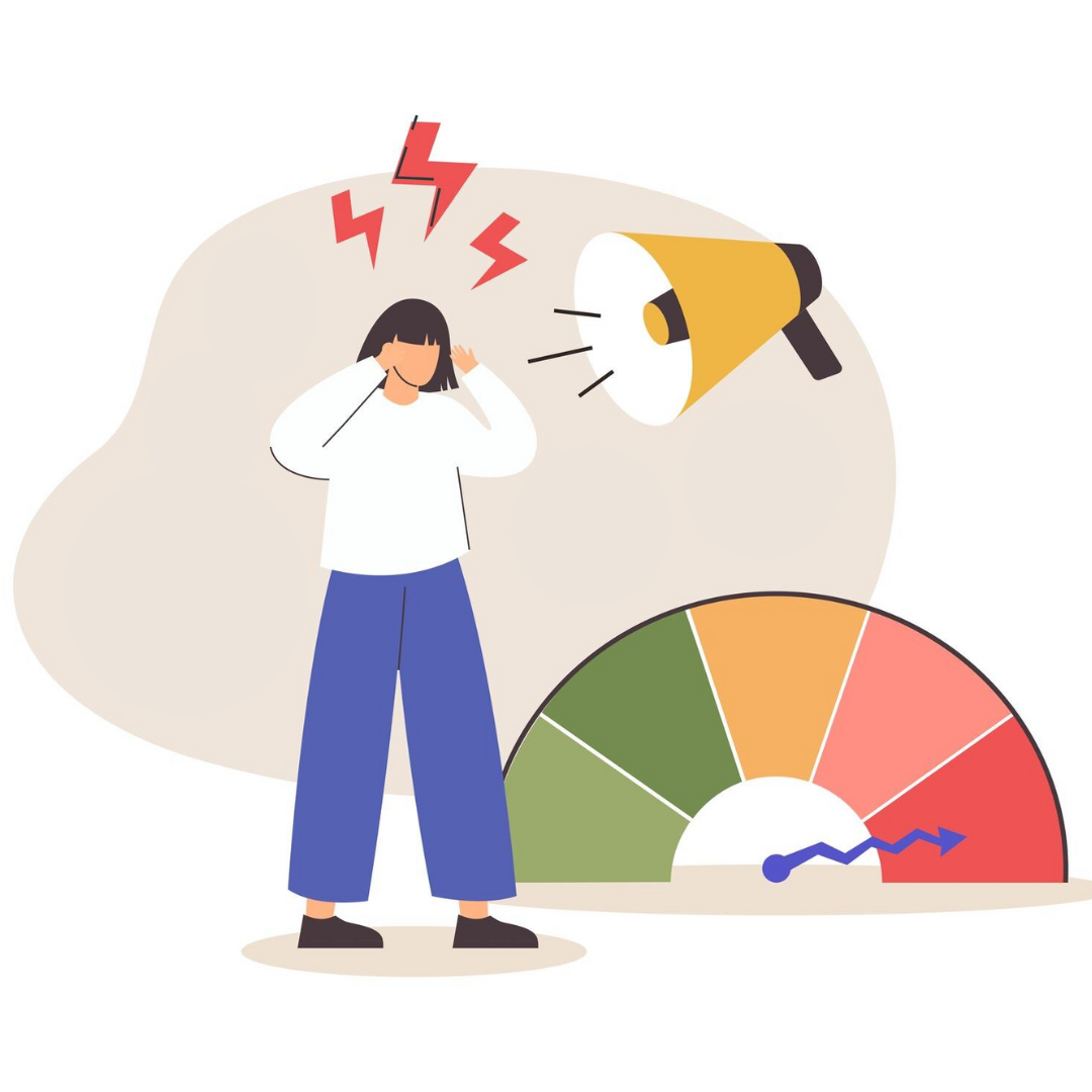 burnout seminario salud mental autismo mujer tapándose los oídos. arriba a la derecha un altavoz y abajo un gráfico que representa graduación de energía que está a punto de explotar