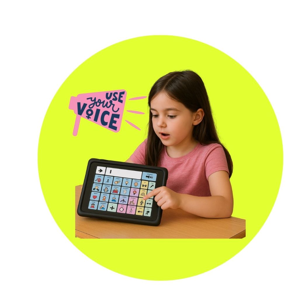 imagen niña utilizando comunicador CAA doble equipo