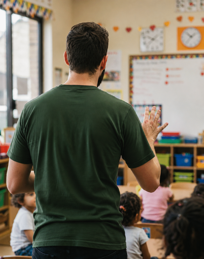 Profesional de espaldas acompañando a un grupo de niños y niñas en un aula de educación infantil.