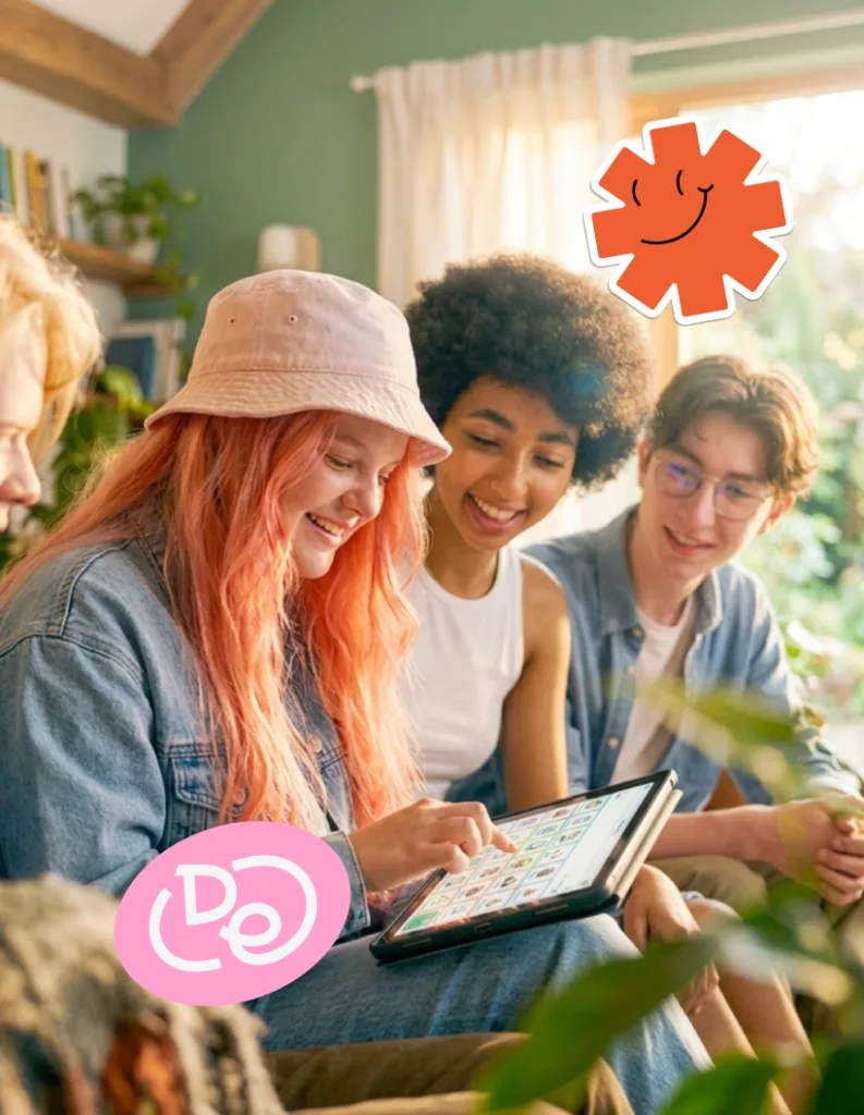 Tres jóvenes observando una tableta con un sistema aumentativo y alternativo de comunicación.